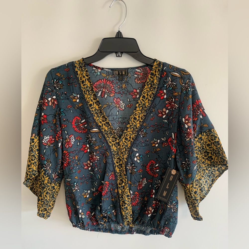 OLM Women’s Boho Blouse Top | Floral Pattern with Blue, Yellow & Red| Size Small